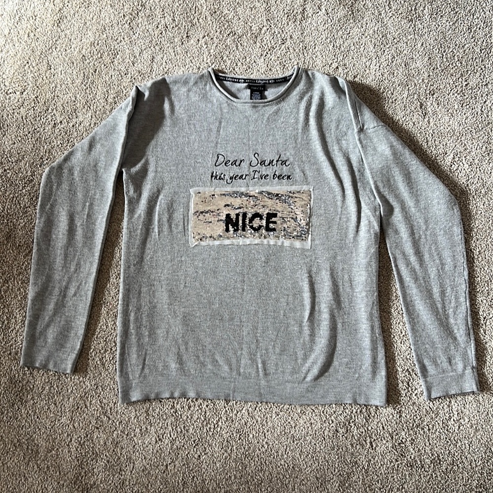 Rue21 Large Christmas Dear Santa Flip Sequins Naughty Nice Ugly Holiday Silver